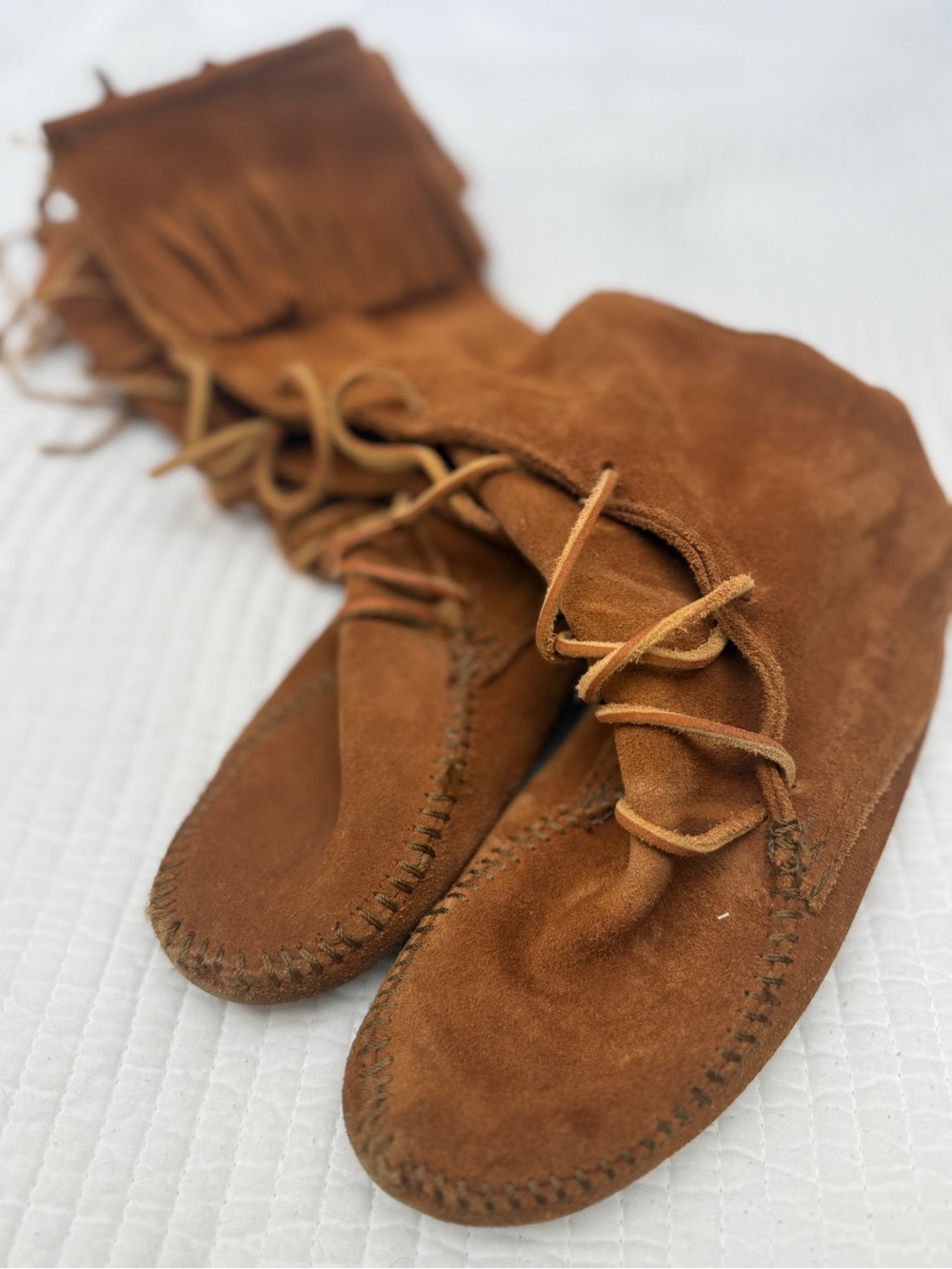 Brown Suede Moccasin Tall Boots with Fringe